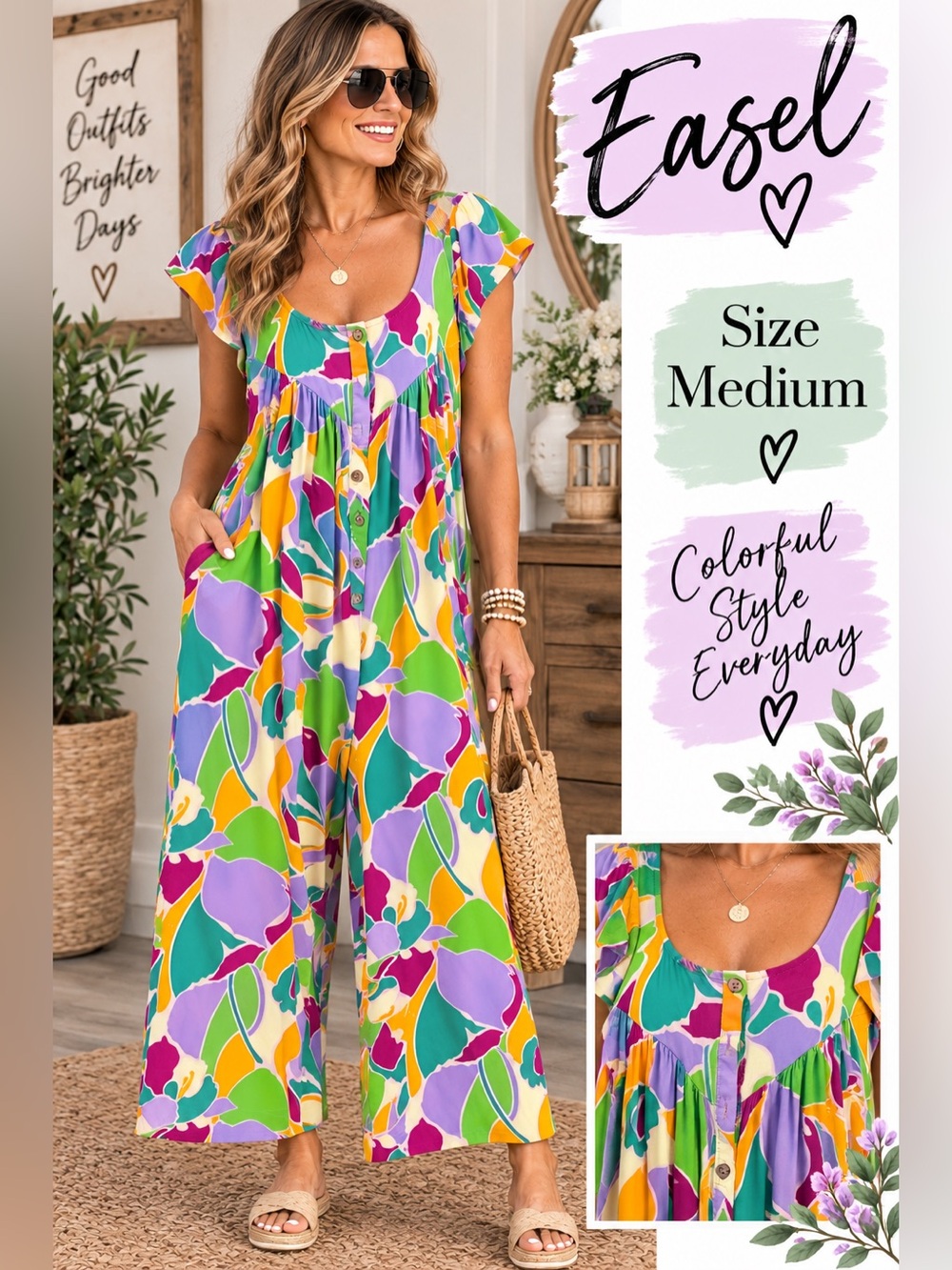 easel Multicolor Floral Scoop-Neck Wide-Leg Jumpsuit